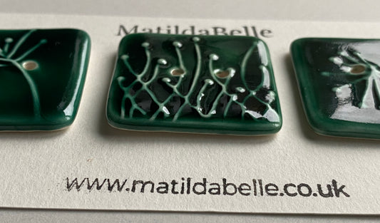 Buttons 35mm set of 3 Large Square Botanical  Ceramic Buttons Green