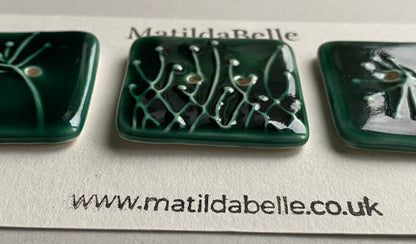 Buttons 35mm set of 3 Large Square Botanical  Ceramic Buttons Green
