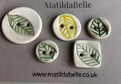 Set of Five mismatched Handmade Ceramic Buttons Leaf design