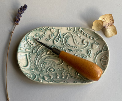 Handmade Ceramic Trinket Tray Oval Soft Green