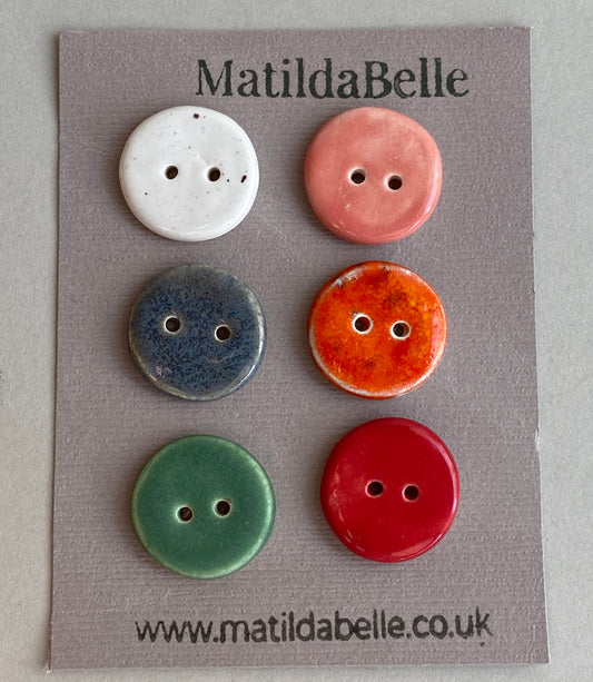 Buttons Set of six Round 20mm mixed colour Handmade Ceramic Buttons