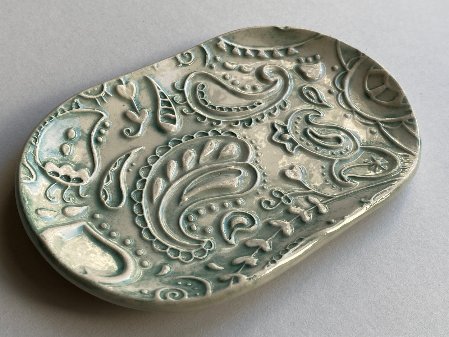 Handmade Ceramic Trinket Tray Oval Soft Green
