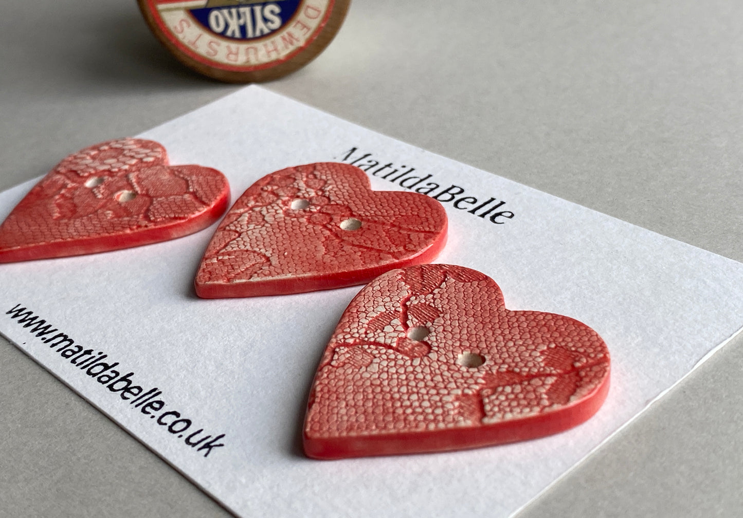 Handmade Ceramic heart Buttons Large Vintage red Lace 38mm