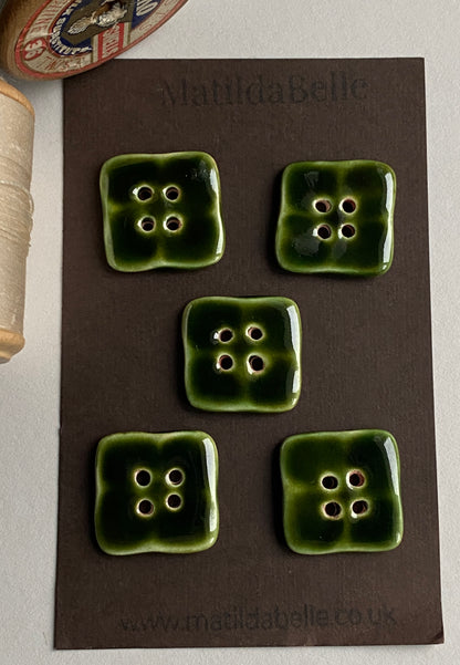 Set of 5 square 23mm olive green handmade ceramic buttons on MatildaBelle branded card 