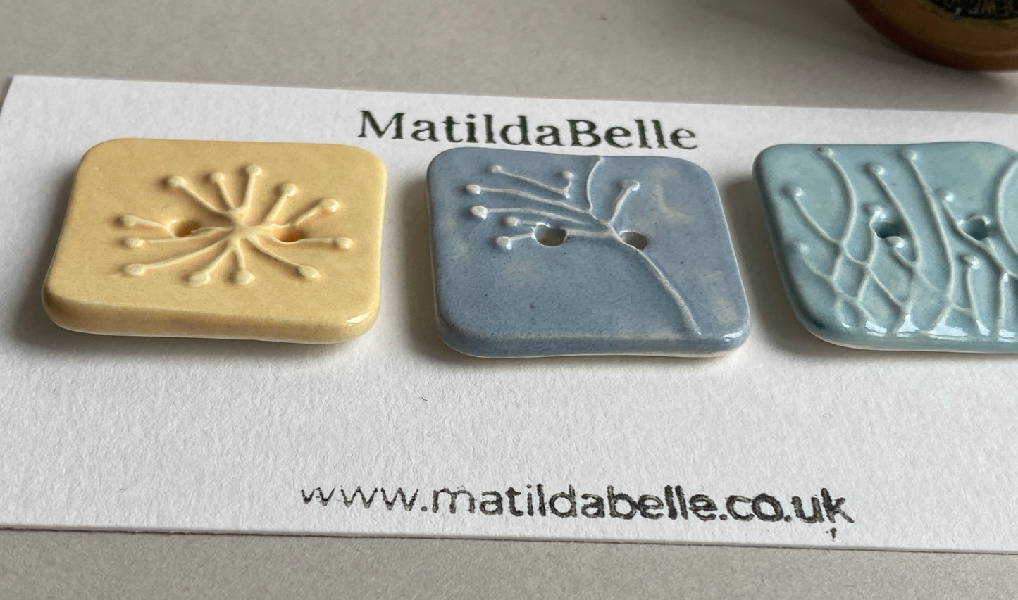 Buttons Set of 3 Botanical Square Handmade Ceramic Buttons