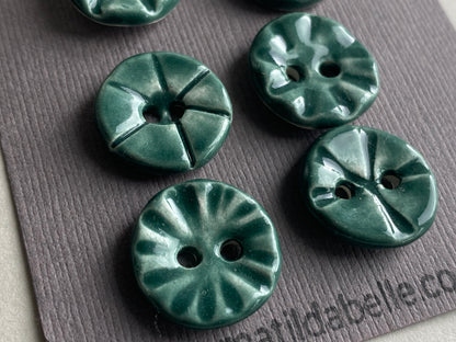 Set of six round handmade Ceramic Green buttons 17mm , vintage inspired