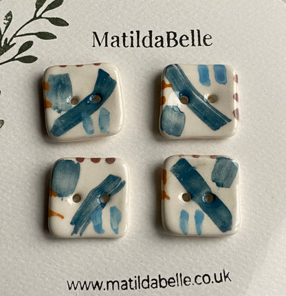 25mm Buttons Handmade square set of 4, Coastal Blues