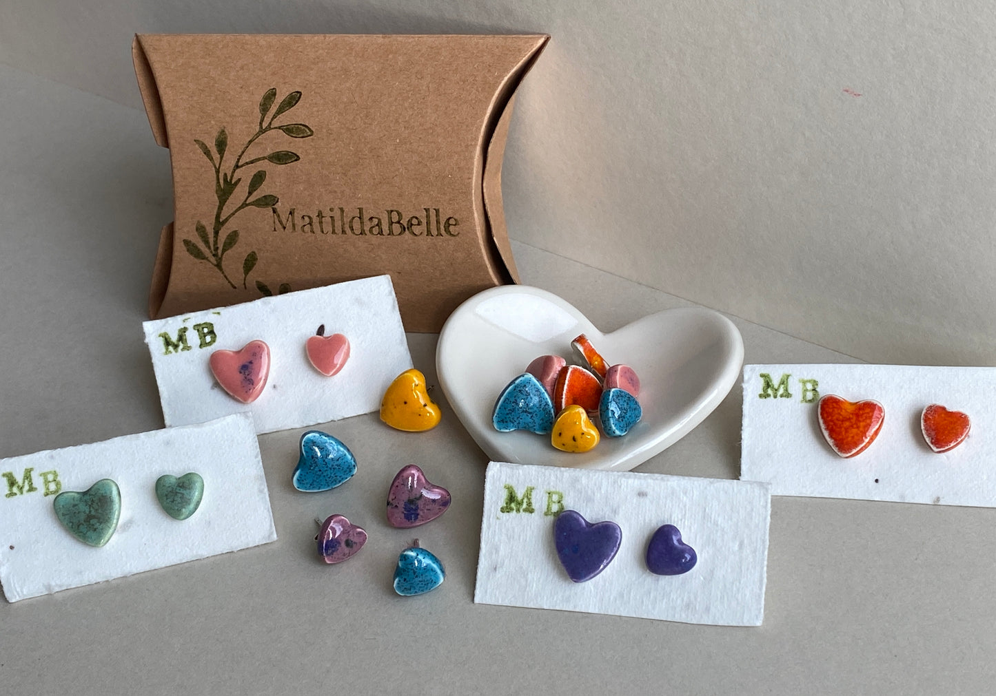 Earrings, Heart Stud earrings handmade ceramic P&P included