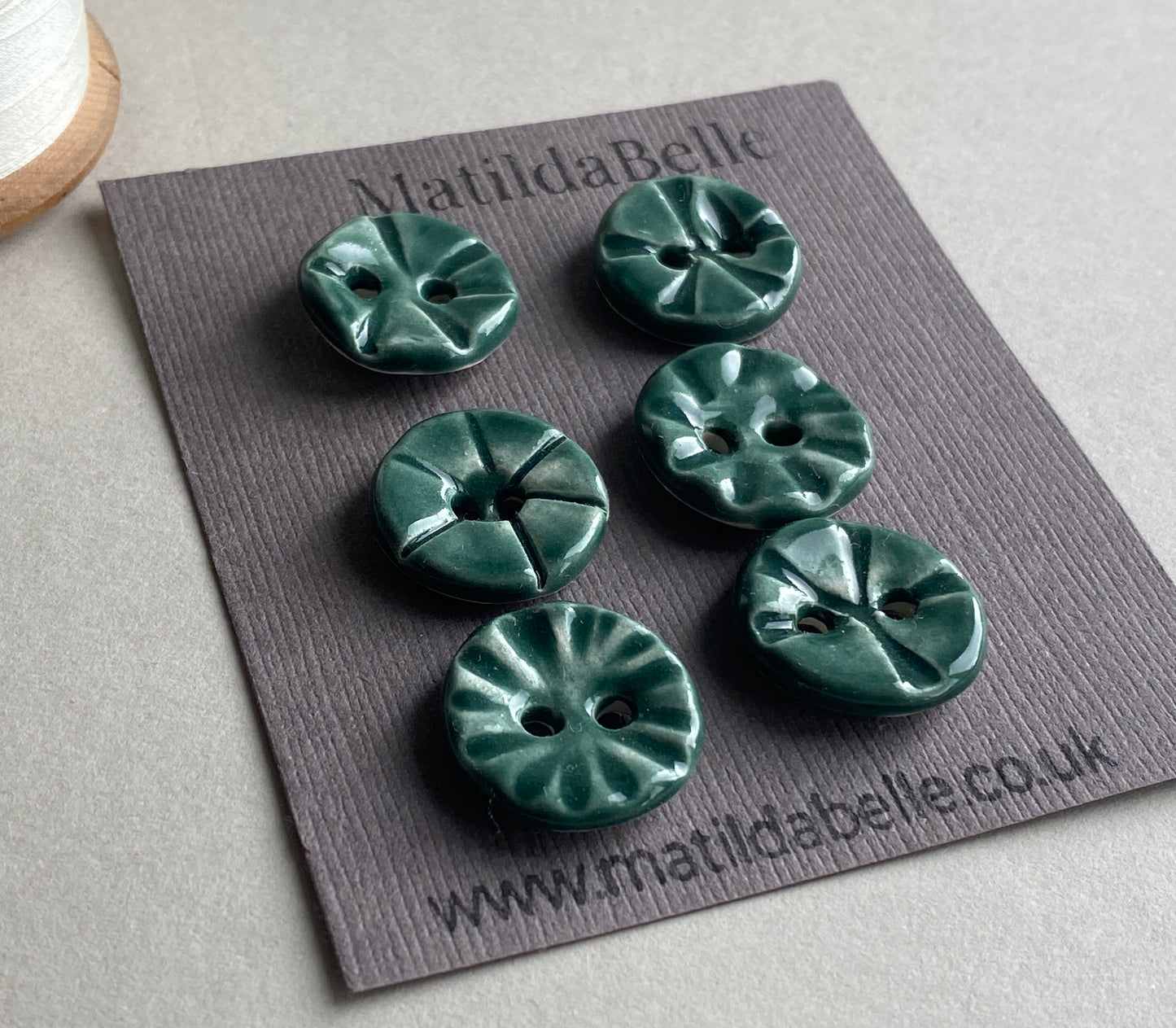 Set of six round handmade Ceramic Green buttons 17mm , vintage inspired