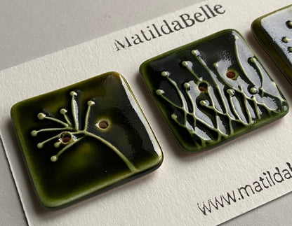 Handmade 35mm Ceramic Botanical Buttons Set of 3 - Square Design Olive Green