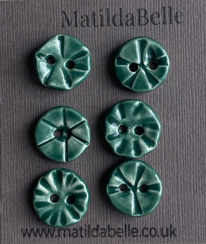 Set of six round handmade Ceramic Green buttons 17mm , vintage inspired