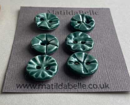 Set of six round handmade Ceramic Green buttons 17mm , vintage inspired