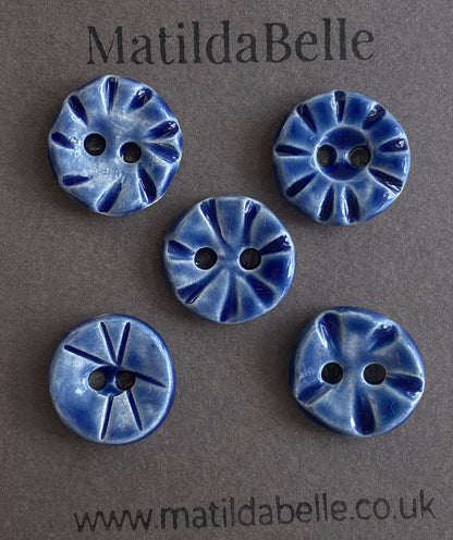 Buttons 18mm round set of five handmade ceramic in Blue