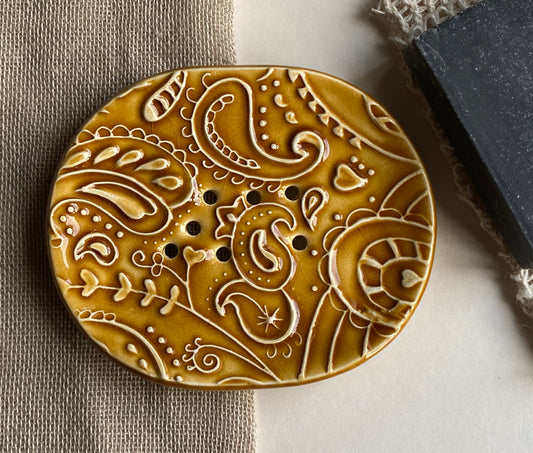 Soap Dish Handmade Ceramic -Paisley design Amber colour