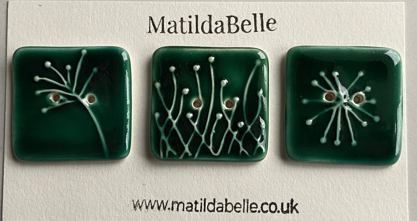 Buttons 35mm set of 3 Large Square Botanical  Ceramic Buttons Green