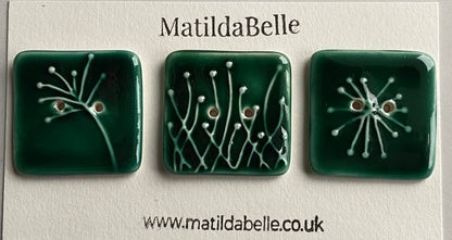 Buttons 35mm set of 3 Large Square Botanical  Ceramic Buttons Green