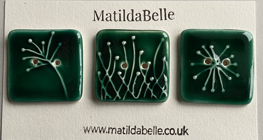 Buttons 35mm set of 3 Large Square Botanical  Ceramic Buttons Green