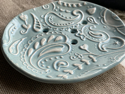 Soap Dish Blue Handmade Ceramic -Paisley design