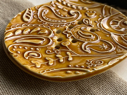 Soap Dish Handmade Ceramic -Paisley design Amber colour