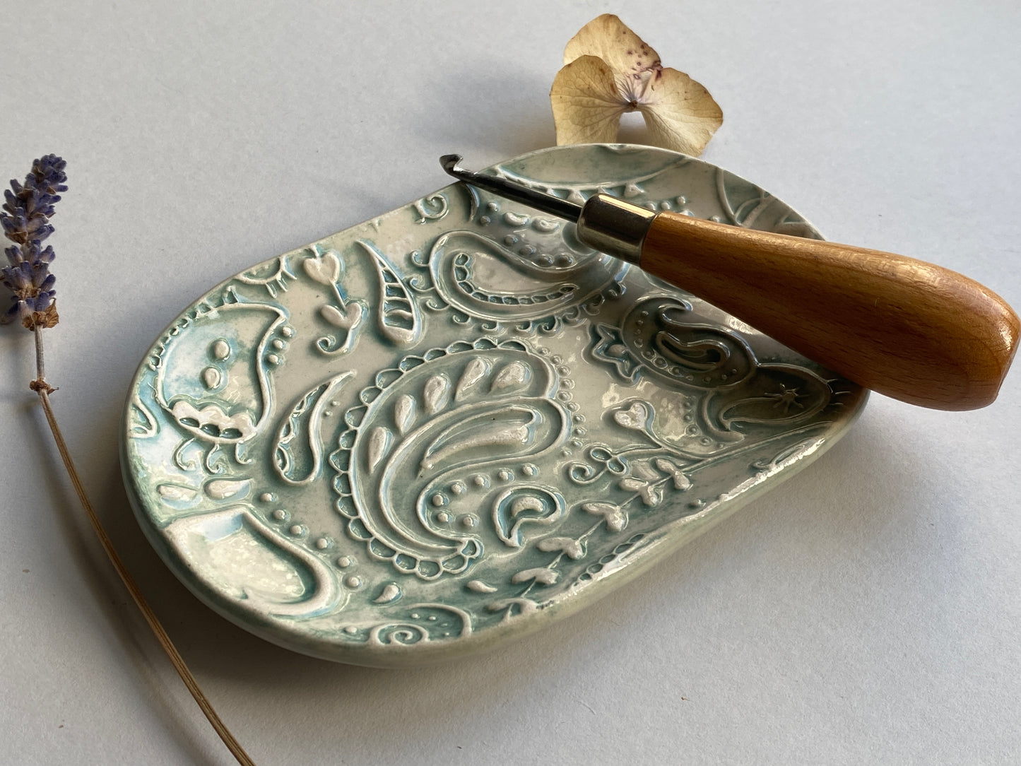 Handmade Ceramic Trinket Tray Oval Soft Green