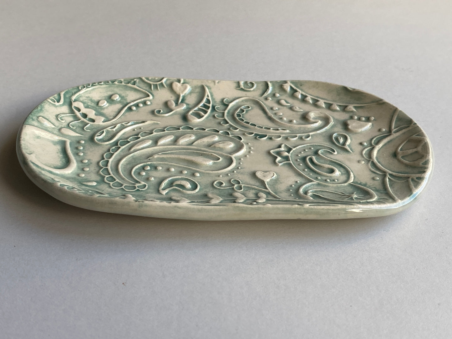 Handmade Ceramic Trinket Tray Oval Soft Green