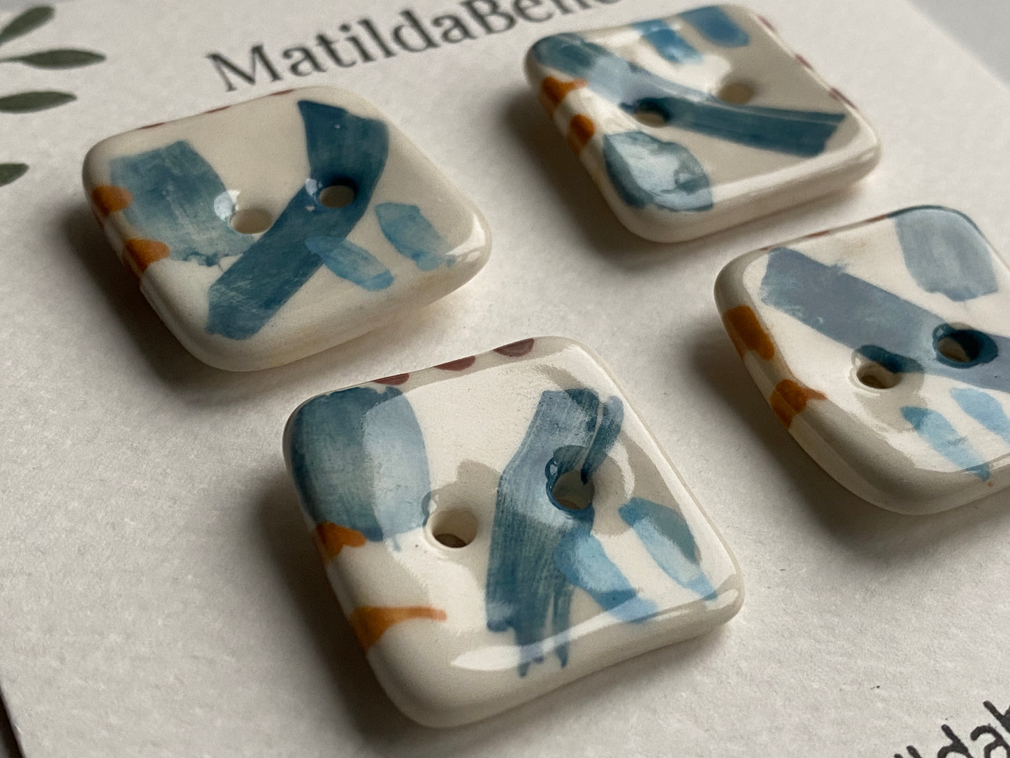 25mm Buttons Handmade square set of 4, Coastal Blues