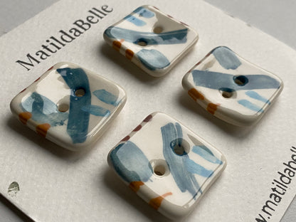 25mm Buttons Handmade square set of 4, Coastal Blues