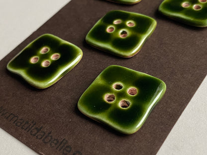 23mm 2Set of 4 Rustic Square Olive Green Glazed Buttons - 23mm