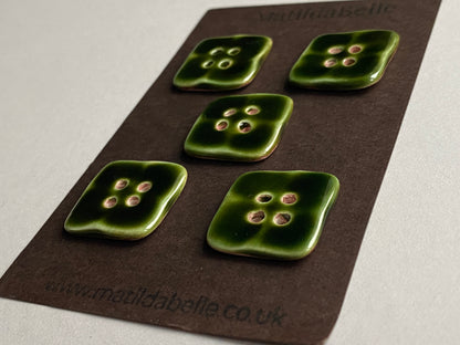 23mm 2Set of 4 Rustic Square Olive Green Glazed Buttons - 23mm