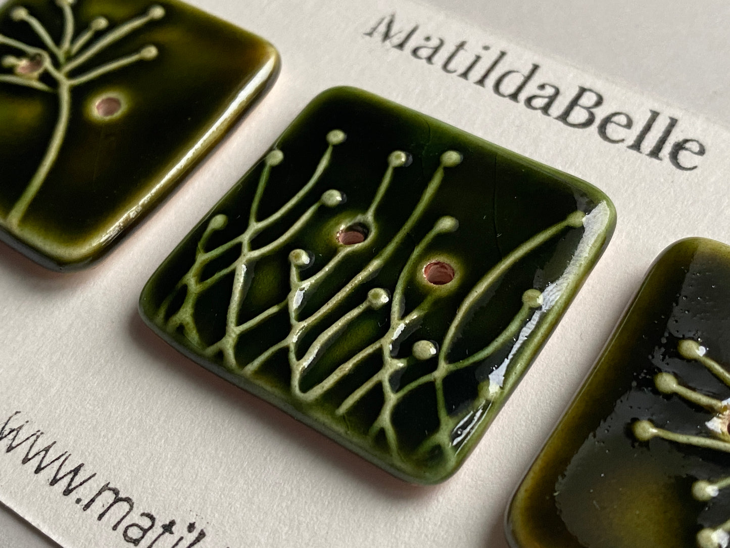 Handmade 35mm Ceramic Botanical Buttons Set of 3 - Square Design Olive Green
