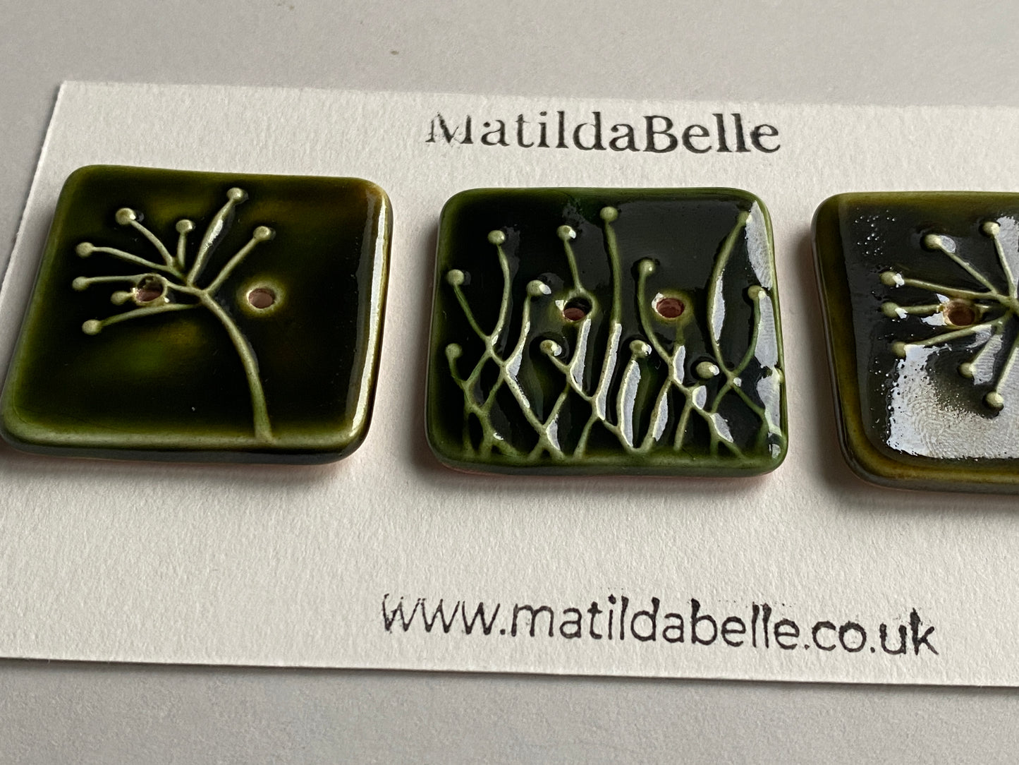 Handmade 35mm Ceramic Botanical Buttons Set of 3 - Square Design Olive Green