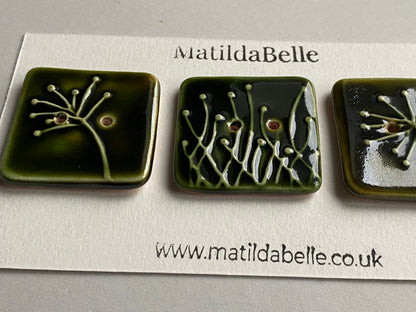 Handmade 35mm Ceramic Botanical Buttons Set of 3 - Square Design Olive Green