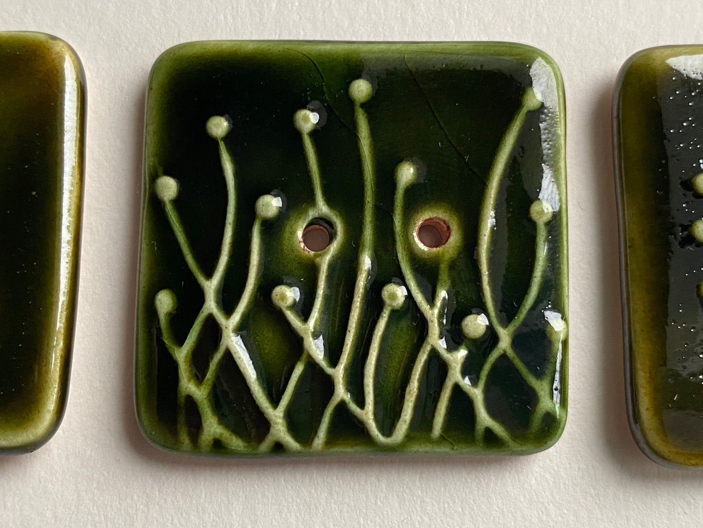 Handmade 35mm Ceramic Botanical Buttons Set of 3 - Square Design Olive Green