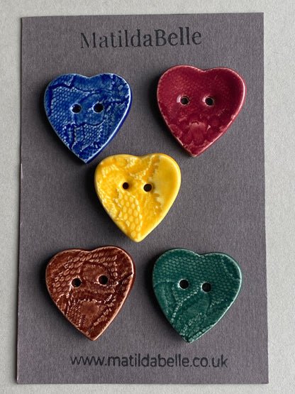 Heart Buttons mixed colours set of 5 28mm