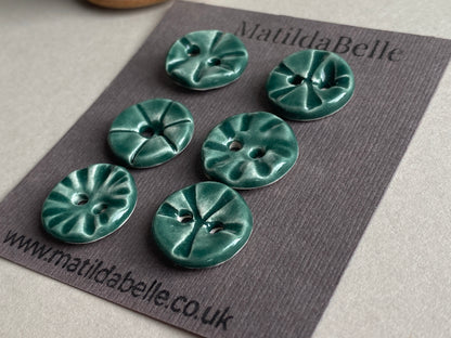 Set of six round handmade Ceramic Green buttons 17mm , vintage inspired