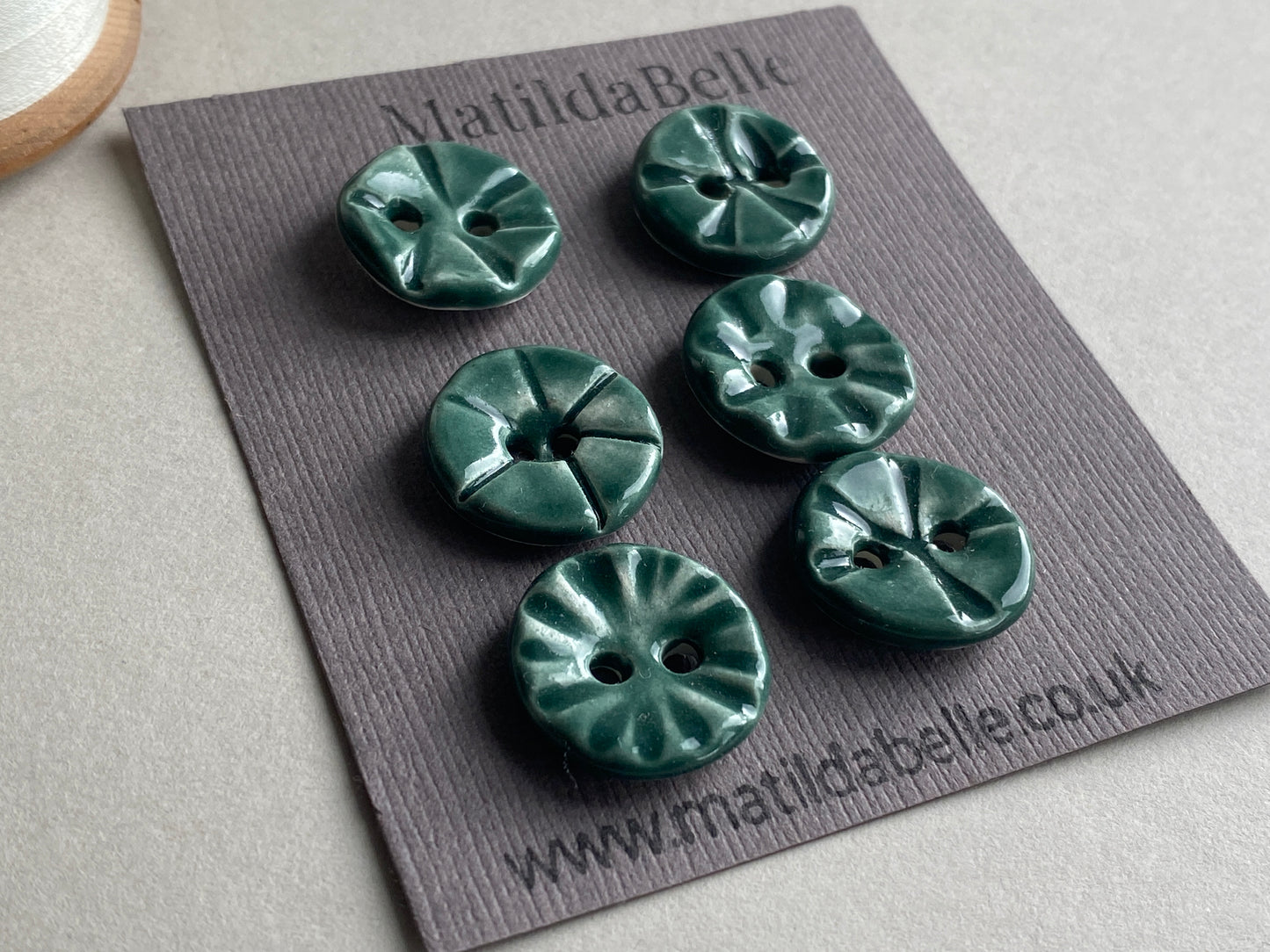 Set of six round handmade Ceramic Green buttons 17mm , vintage inspired