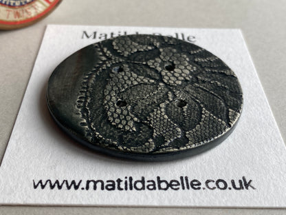 Extra Large handmade Ceramic Button Vintage Black Lace 55mm