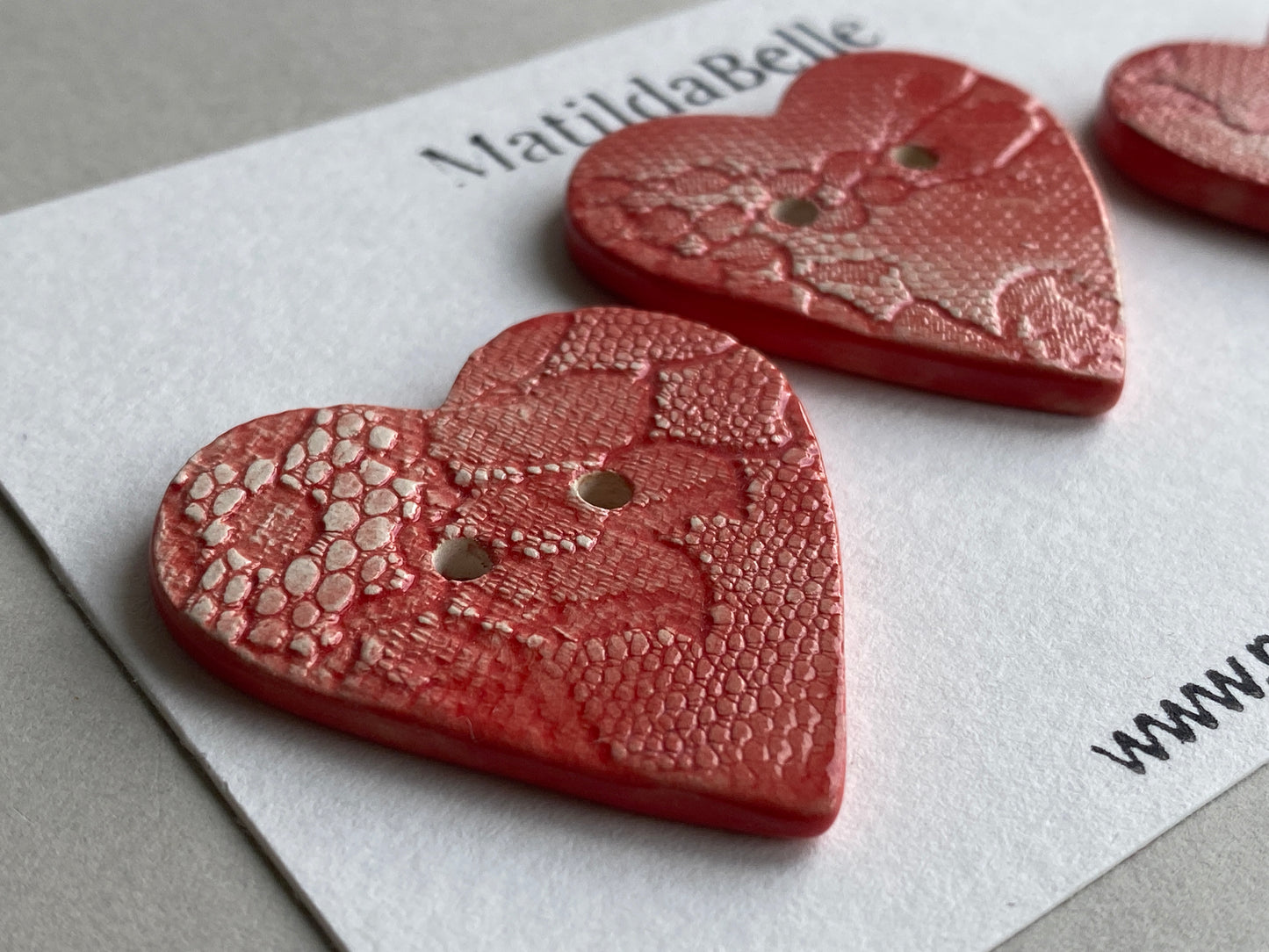 Handmade Ceramic heart Buttons Large Vintage red Lace 38mm