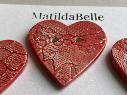 Handmade Ceramic heart Buttons Large Vintage red Lace 38mm