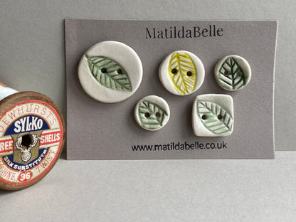 Set of Five mismatched Handmade Ceramic Buttons Leaf design