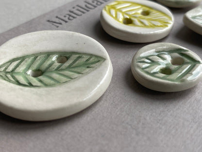 Set of Five mismatched Handmade Ceramic Buttons Leaf design