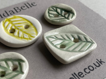 Set of Five mismatched Handmade Ceramic Buttons Leaf design