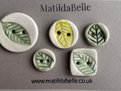 Set of Five mismatched Handmade Ceramic Buttons Leaf design