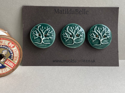 Buttons Set of 3 chunky handmade Ceramic Tree of Life Green