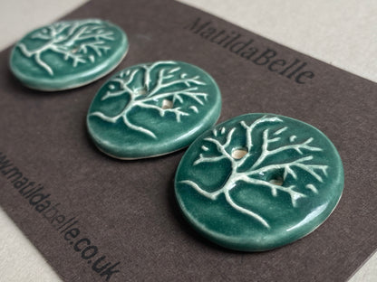 Buttons Set of 3 chunky handmade Ceramic Tree of Life Green