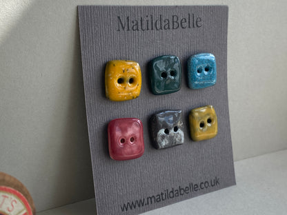 Buttons handmade ceramic 16mm set of Six square tiny buttons mixed colours