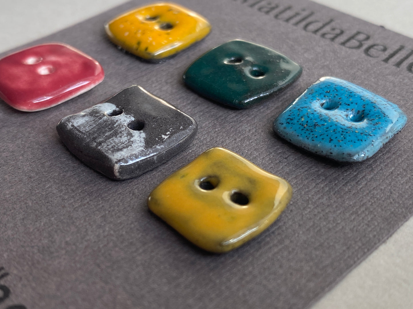 Buttons handmade ceramic 16mm set of Six square tiny buttons mixed colours