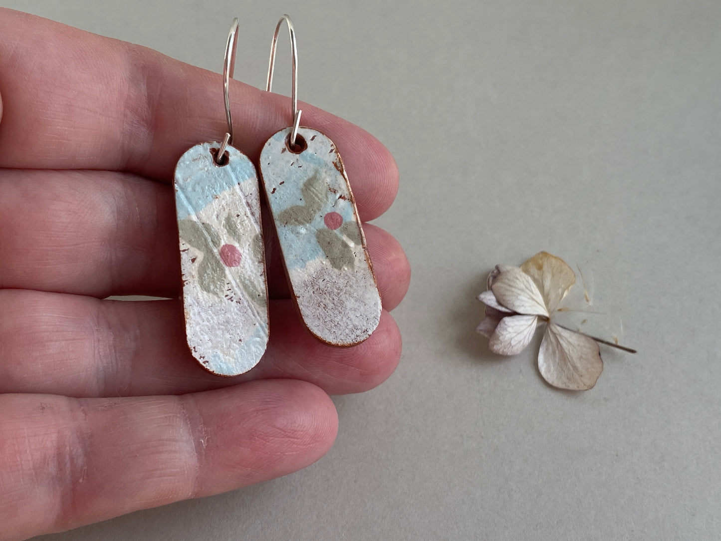 Vintage Botanical Clay Earrings Sterling Silver Drops