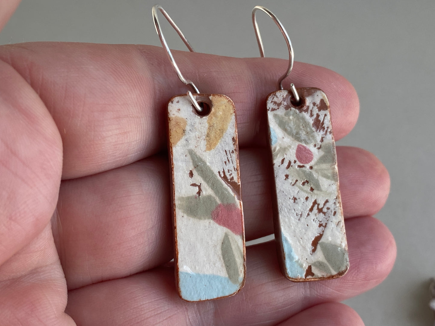 Vintage Botanical Clay Earrings Sterling Silver Drops