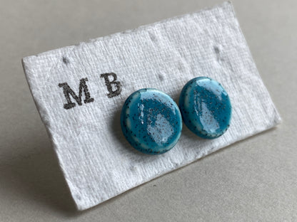 Round Blue Stud ceramic Earrings on Sterling Silver incl P&P